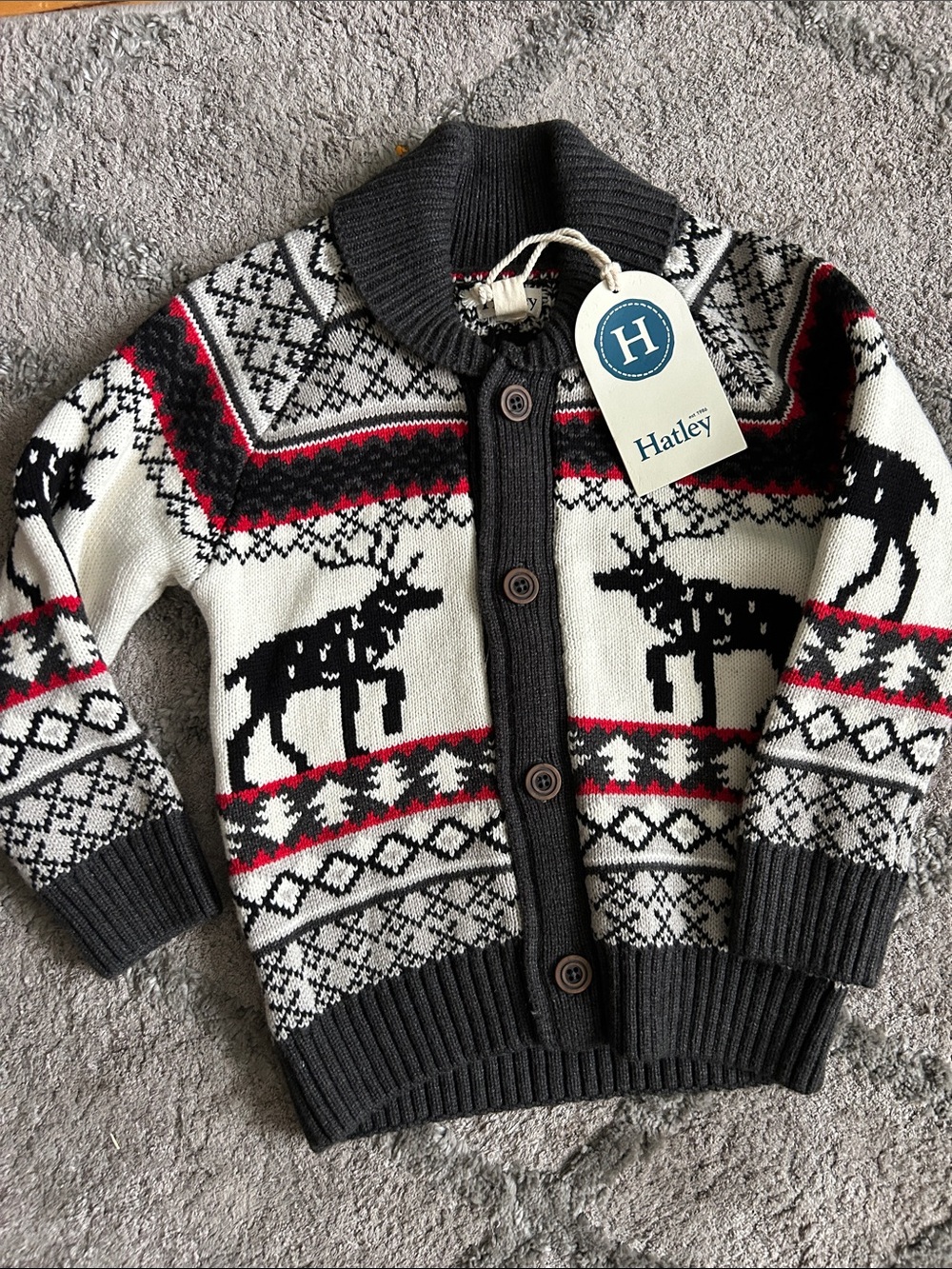Hatley Gray, White & Red Moose Fair Isle Knit Cardigan